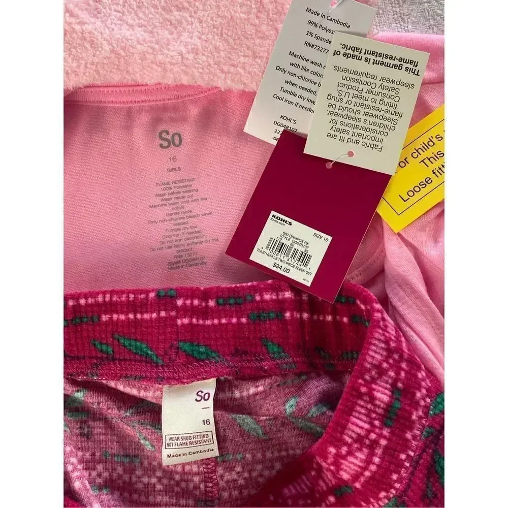 SO Girls SIZE 16 PINK FOX 3-Piece Tunic & Thermal Leggings Pajama Set with Sock